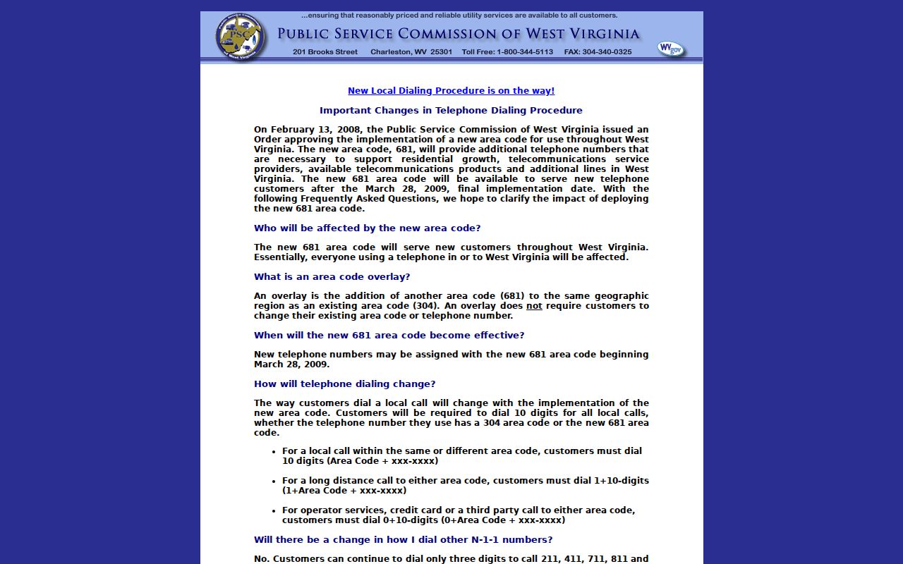 West Virginia PSC page on statewide ten-digit dialing and the 681 area code overlay