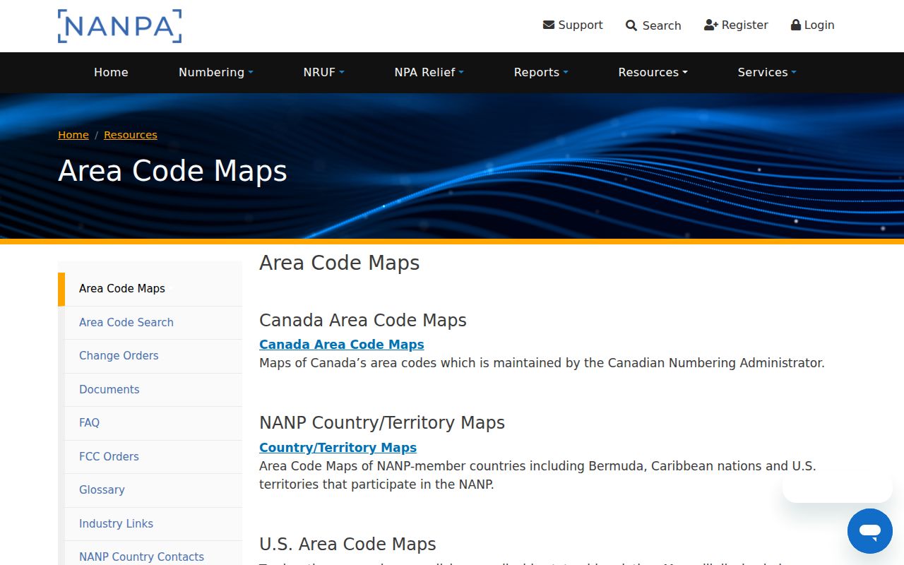 NANPA area code map selector used to check West Virginia area codes
