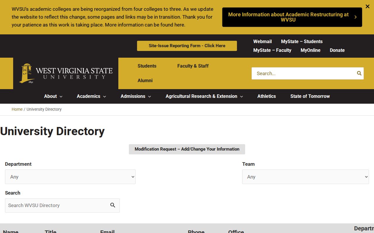 West Virginia State University directory showing an exchange phone code in use