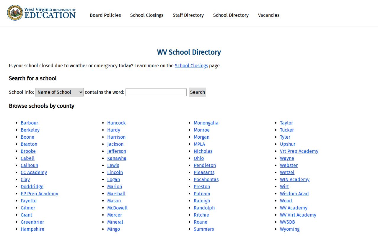 Statewide K-12 school directory search for West Virginia phone numbers