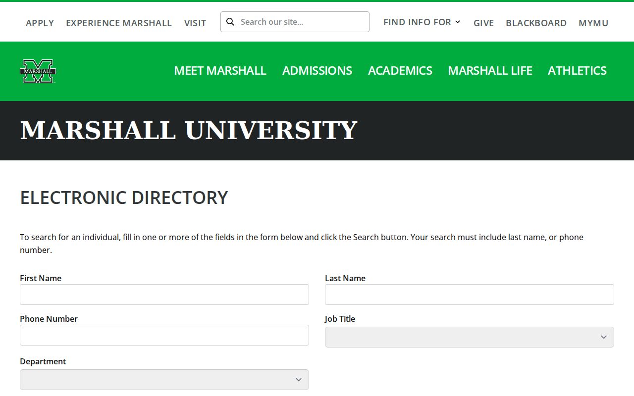 Marshall University directory search form for West Virginia phone numbers