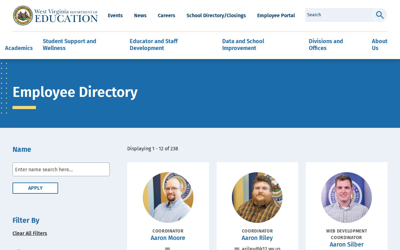 WVDE employee directory listing West Virginia phone numbers by office and position